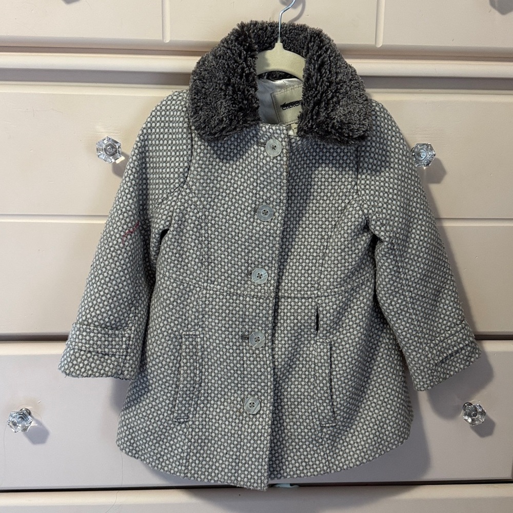 Gray Textured Coat with Faux Fur Collar